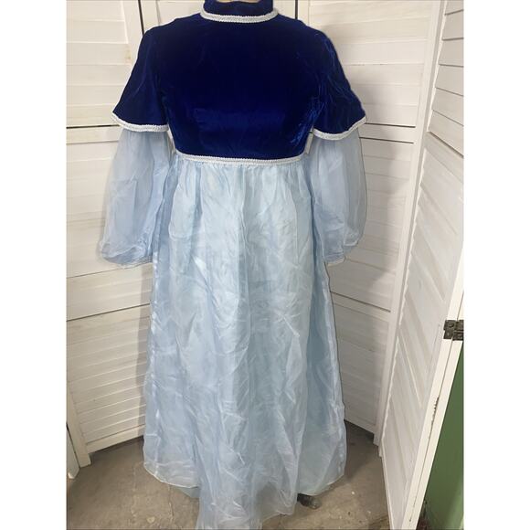 VTG 60s Lorrie Deb Blue Velvet & Chiffon Dress Empire Waist Maxi Hostess Small - Picture 1 of 15